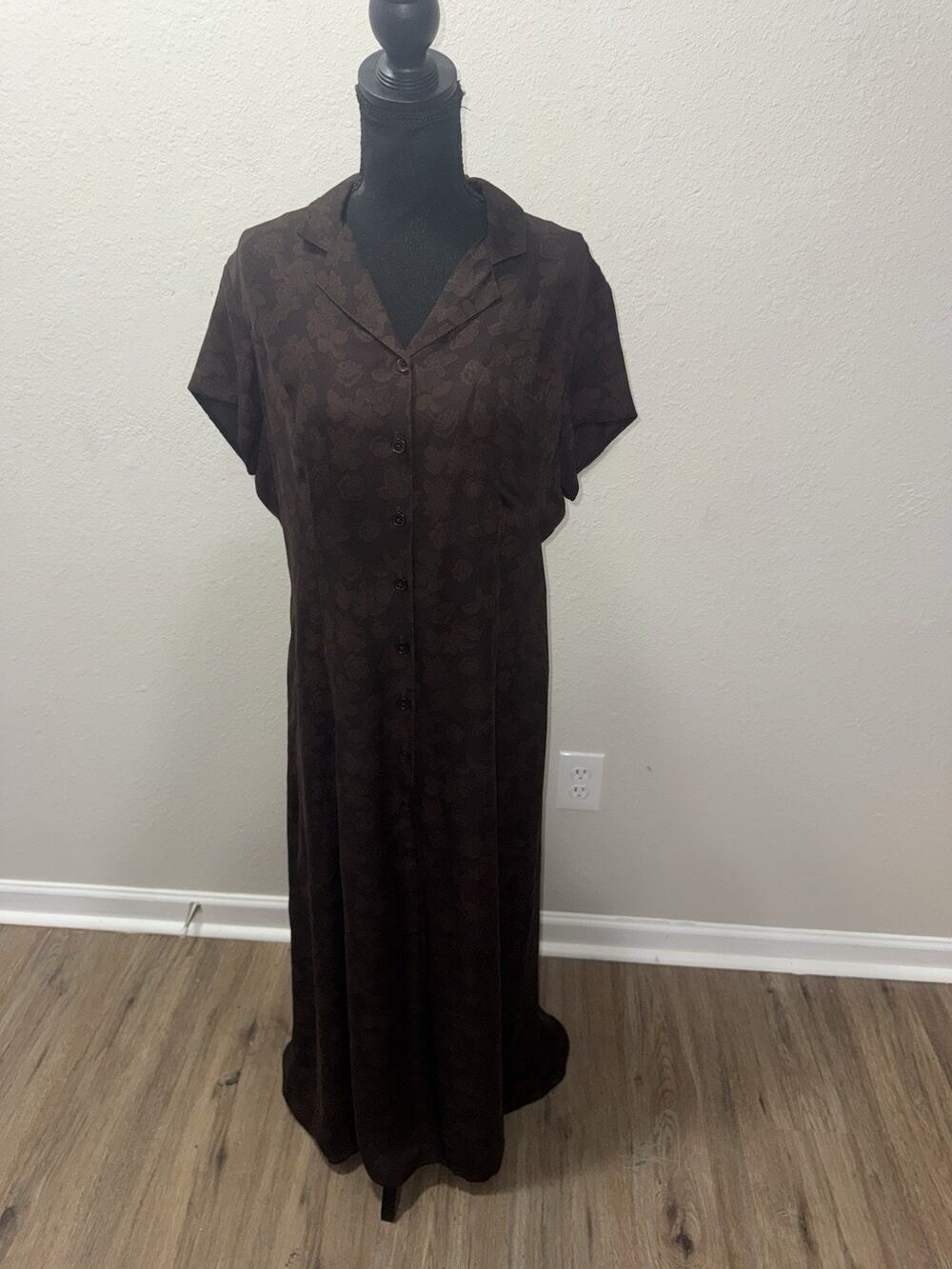Vtg Lauren Ralph Lauren Silk Button Front Maxi Dress Brown Damask Floral Sz 12